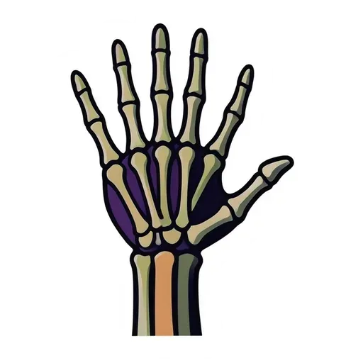 Bony skeleton hand rising up with its palm open, purple shading