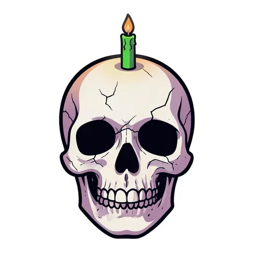 Cracked bone-white skull with a small green candle burning on top