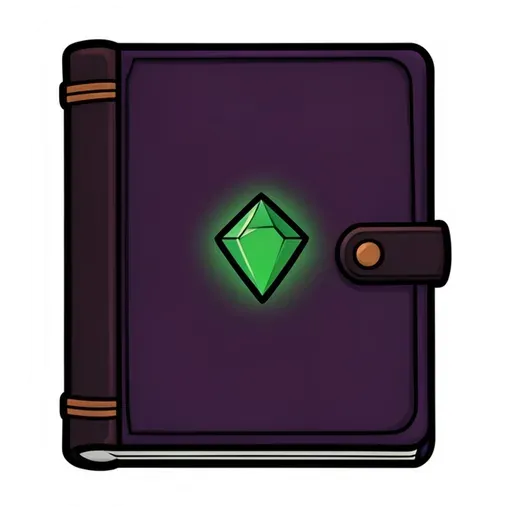 Closed purple spell book with a strap and a glowing green gem