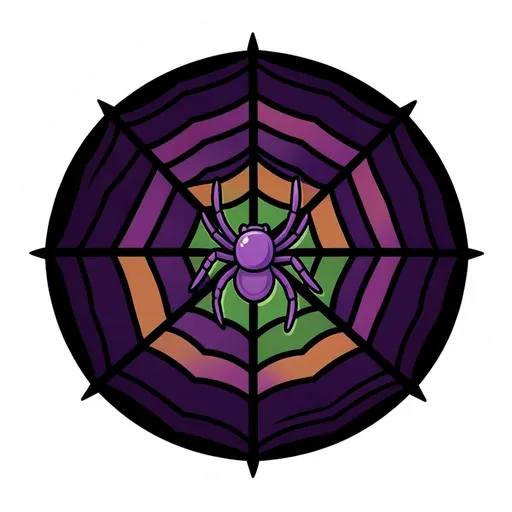 Round purple, orange and green spider web with a purple spider in the middle