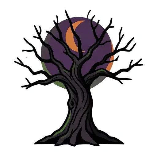 Twisted bare purple tree in front of a dark crescent moon