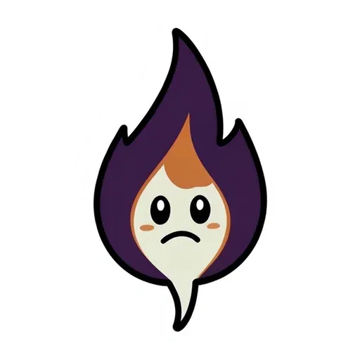 Small purple and cream flame spirit with a curious worried face