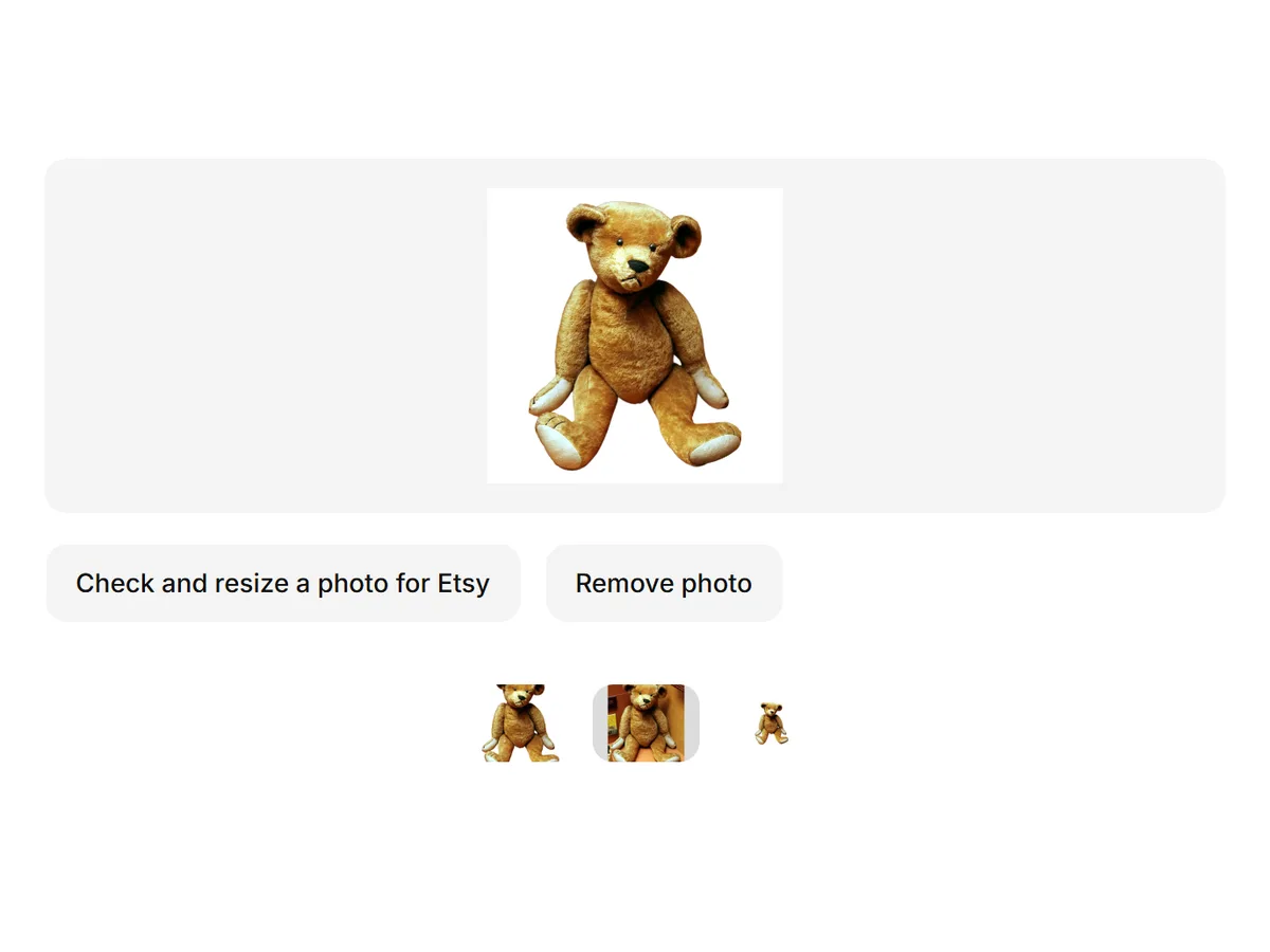 Etsy listing photo size tool with a teddy bear product photo loaded